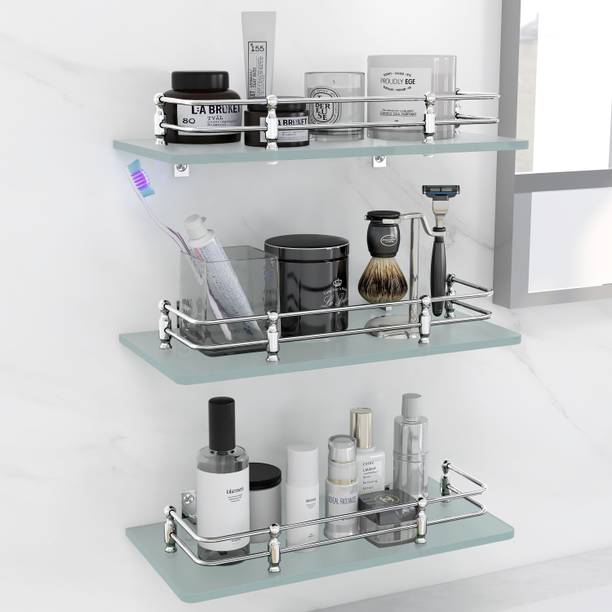 Garbnoire Multi-Purpose Wall Hung (Frosted) Glass Front Bathroom Shelf with Wall Brackets Storage Holder, 12 x 6 -inch - Pack of (3) Glass, Stainless Steel Wall Shelf