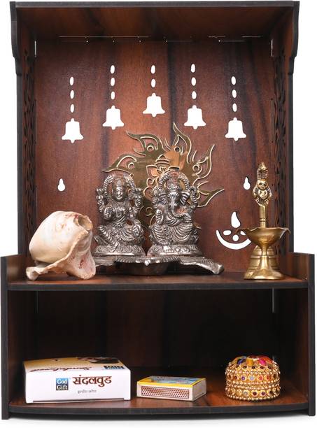 Gojeeva Premium Ganesh Ji Carved Pattern Devghar, Set-Top Box Stand Wooden Mandir Temple Wooden Wall Shelf