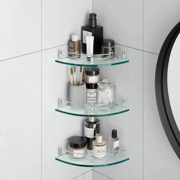 MOTIQO Glass Corner Shelf For Bathroom, Kitchen, Bathroom Accessories, Shelf Round Glass Wall Shelf