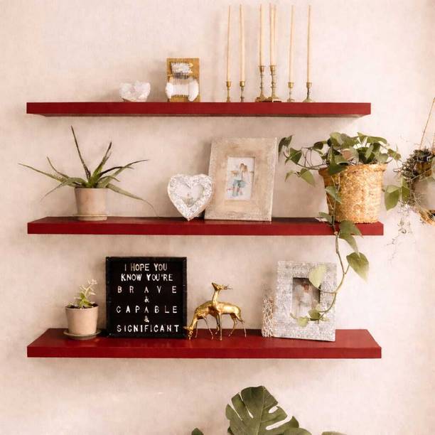Hawari Wall Mount Storage Rack 12x3 Inch Set of 3 MDF Wooden Floating Shelf Brown MDF (Medium Density Fiber) Wall Shelf