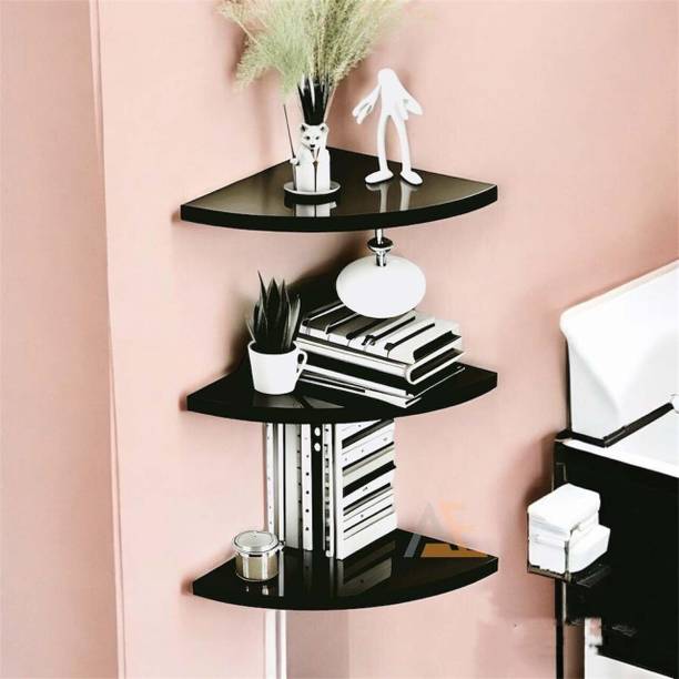 RusticAura Black 3-Tier Corner Wall Shelf - Modern Floating Storage Rack Wooden Wall Shelf