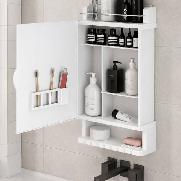 Bath Queen Bathroom Cabinet with Mirror - White Plastic Wall Shelf