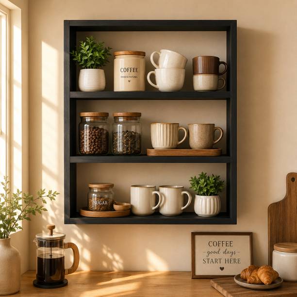 ShreeAura Black Wall Shelf 3 Tier MDF (Medium Density Fiber) Wall Shelf