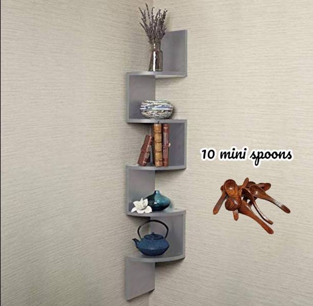 MRKTRADERS Wooden Zigzag Wall Shelf/Corner Wall Shelf/ 11 Tier With free 10 mini spoons Wooden, MDF (Medium Density Fiber) Wall Shelf