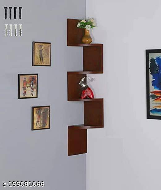 Heavenart Wooden Zigzag Floating Walls Mount Shelf Corner Stand Side Shelf Wooden, MDF (Medium Density Fiber) Wall Shelf