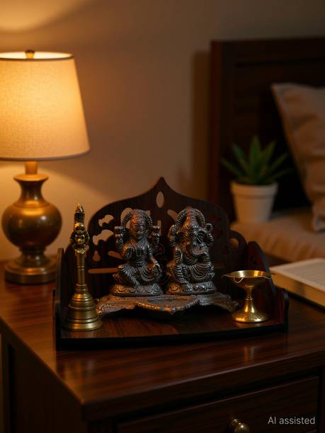 Gojeeva Premium Ganesh Ji Carved Pattern Devghar, Set-Top Box Stand Wooden Mandir Temple Wooden Wall Shelf