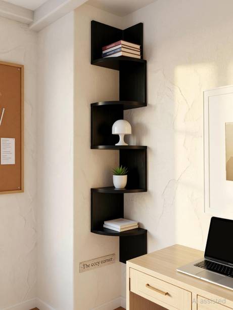 Hawari Modern 5-Tier Zig-Zag Corner Shelf | 102cm Black Floating Wall Display Rack MDF (Medium Density Fiber), Wooden Wall Shelf