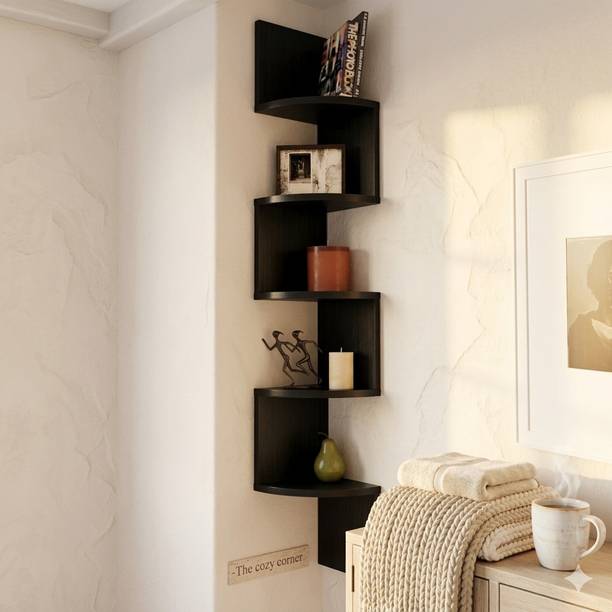Hawari Modern 5-Tier Zig-Zag Corner Shelf | 102cm Black Floating Wall Display Rack MDF (Medium Density Fiber), Wooden Wall Shelf