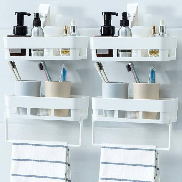Xantell Pack of 4 Plastic Rectangular Multipurpose Wall Shelves with Towel Hanger Shelf