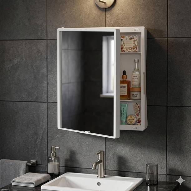 Branco Smart New Rich Look Bathroom mirror Cabinet | 4 Shelves Storage Organizer Plastic Wall Shelf