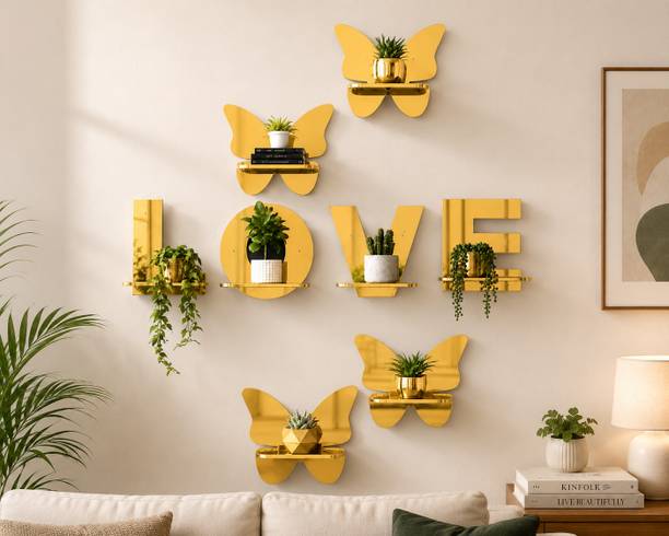 GORI CREATIONS Turn Empty Walls Into Art – Luxury Golden Butterfly Shelf Collection Wooden Wall Shelf