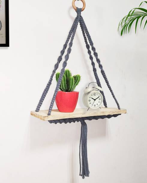 Homesake Grey Macrame Wall Hanging Shelf Floating Boho Shelves Hand Art Decor Wooden Wall Shelf