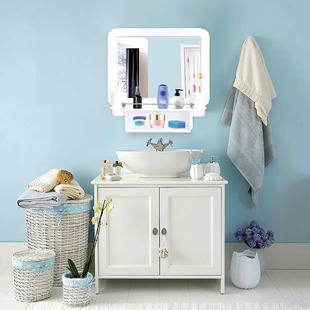 Branco Wall Mount Plastic Bathroom Mirror with Sliding Drawer- White Square Decor Polypropylene, Glass Wall Shelf