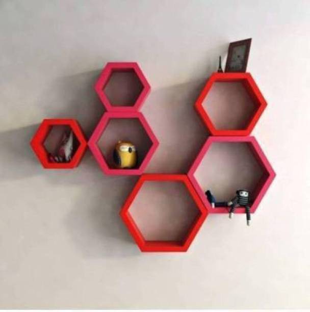TechHark Set of 6 Hexagon Shape Floating Wall Shelves Multi Purpose Hexa Wall Shape MDF (Medium Density Fiber) Wall Shelf
