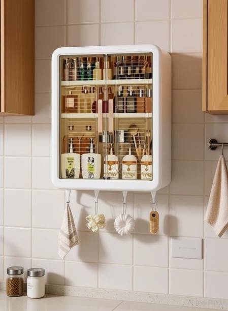Bhakti Wall-Mounted Self-Adhesive Bathroom & Kitchen Organiser with Doors and Shelves Plastic Wall Shelf