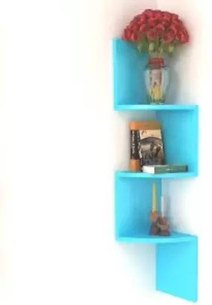 Crownista Zigzag Corner Wall Mount Shelf Wooden Wall Shelf (Number of Shelves - 3, Blue) Wooden Wall Shelf