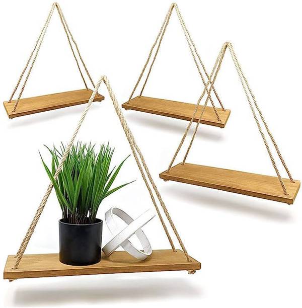 naazhandicraft wooden rope hanging shelf set of 4 Wooden Wall Shelf