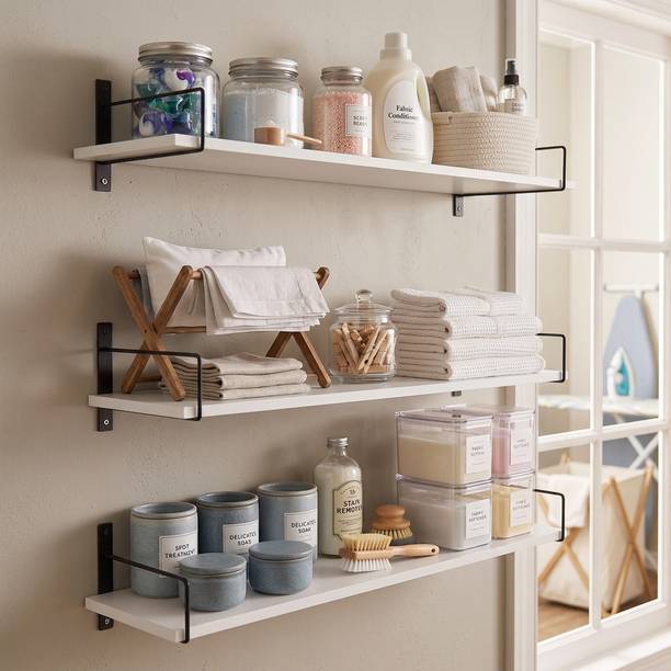 TrueFurnished Floating Shelves for Living Room Bedroom Bathroom Kitchen White Rustic Wood MDF (Medium Density Fiber), Iron Wall Shelf