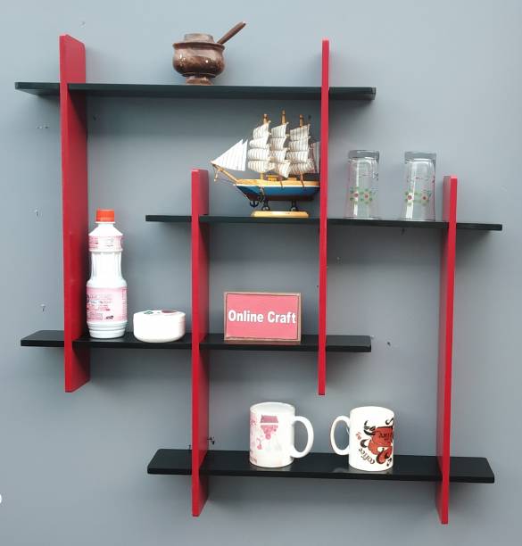 ONLINECRAFTS ch 2606 RED BLACK 8 WALA PLUS Wooden Wall Shelf