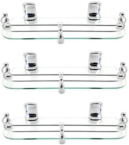 Sparkraze Set of 3 Heavy Sumo Brackets Clear 18 inch Plain Glossy Look Glass Shelf Glass, Stainless Steel, Polypropylene Wall Shelf
