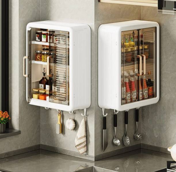 Bhakti ABS NoDrill SelfAdhesive Bathroom Shelf & Storage Cabinet with 2Doors 32x40x13cm Plastic Wall Shelf