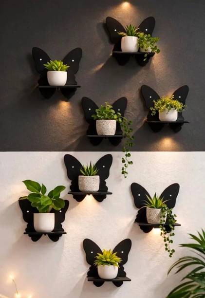 New prem enterprises Flower pots stand butterfly wooden shelves pack of 8 Wooden Wall Shelf