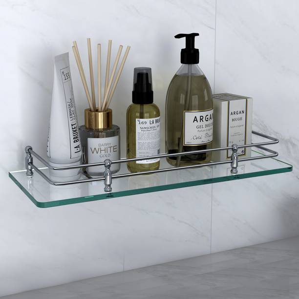 Garbnoire Multipurpose Wall Hung Glass Front Bathroom Shelf with Wall Brackets Storage Holder, 15 x 6 -inch (Clear) Pack of 1 Stainless Steel, Glass Wall Shelf