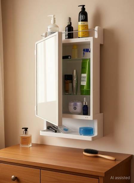 CIPLA PLAST Wall Mount Rich Look Bathroom Mirror Cabinet with Storage | 21 X 12 Inch | Polypropylene, Glass Wall Shelf