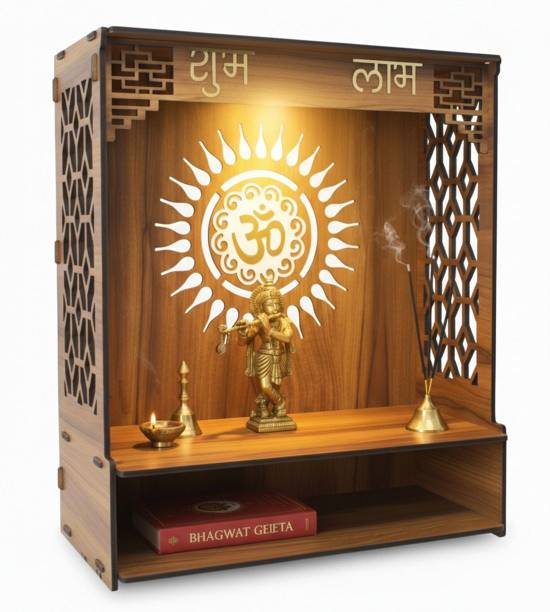 Gojeeva Kraft Engineered Wooden LED Temple Handcrafted Design Pooja Mandir for Home & Office Wooden Wall Shelf