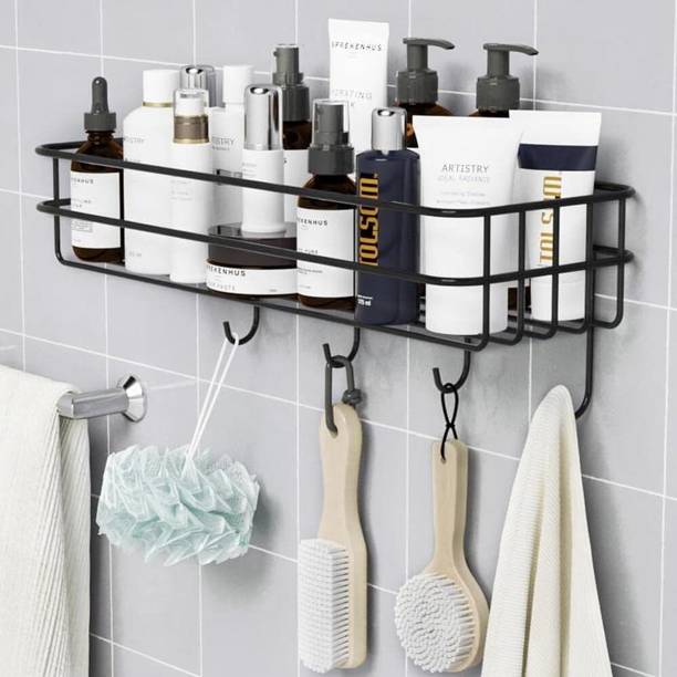 Sainox Wall Shelf for Bathroom with 4 Hooks Self Adhesive Wall Storage Organizer Stainless Steel Wall Shelf