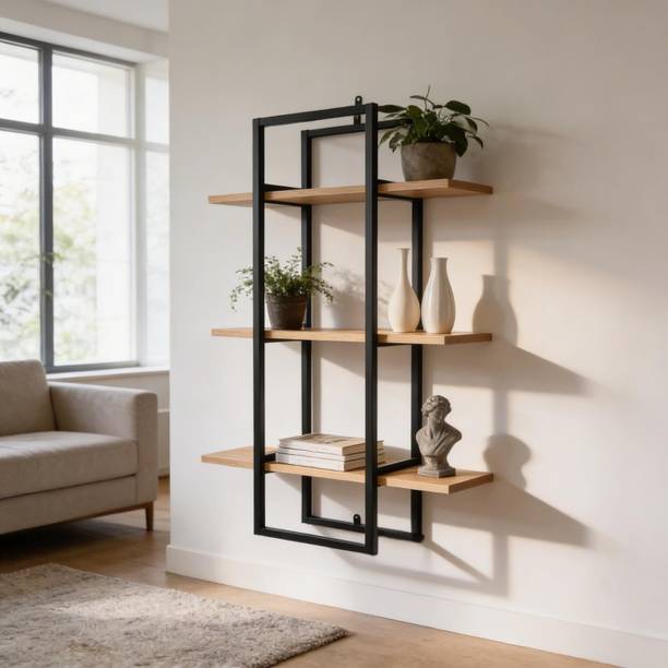 Mighty Home Wall-Mounted 3-Tier Shelf | Metal Frame with Wooden Shelves Wooden Wall Shelf