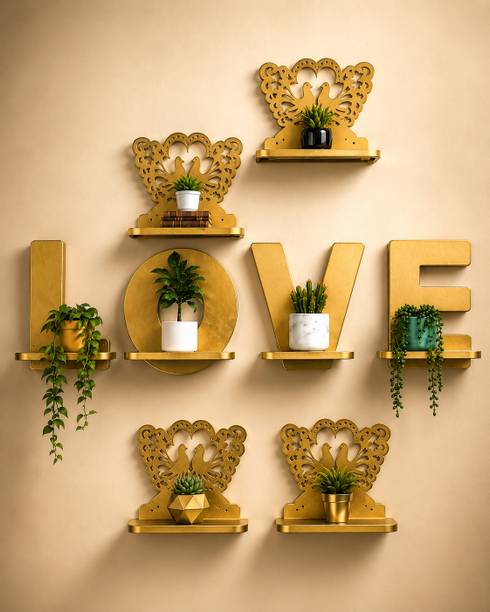 Simmi Craft Store LOVE Wall Shelf Set of 8 | Decorative Floating Shelves for Home Decor Wooden Wall Shelf