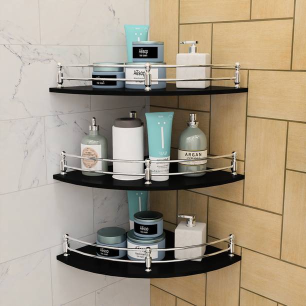 MOTIQO Black Glass Corner Shelf for Bathroom/Kitchen Shelf/Bathroom (9x9 Inch) Glass, Stainless Steel Wall Shelf