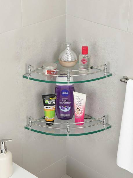 MOTIQO Glass Corner Shelf For Bathroom, Kitchen, Bathroom Accessories, Wall Shelf Round Glass, Stainless Steel Wall Shelf
