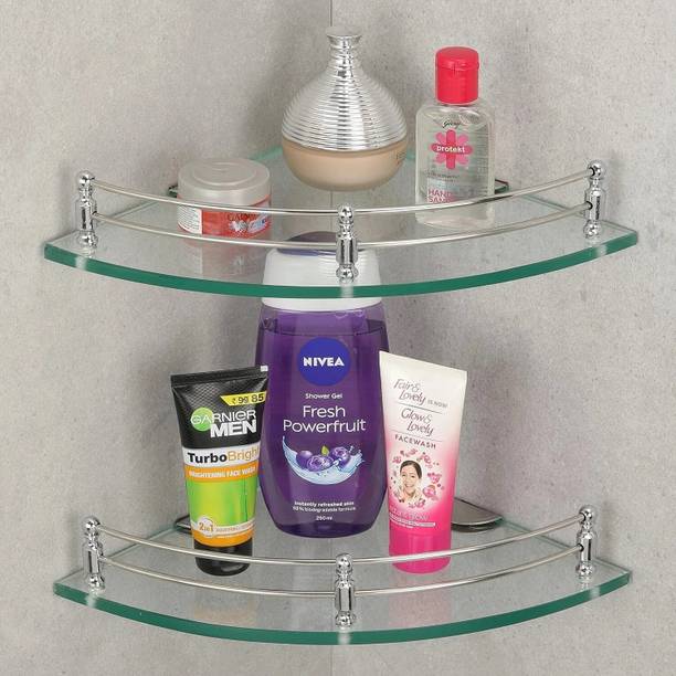 MOTIQO Glass Corner Shelf For Bathroom, Kitchen, Bathroom Accessories, Wall Shelf Round Glass, Stainless Steel Wall Shelf