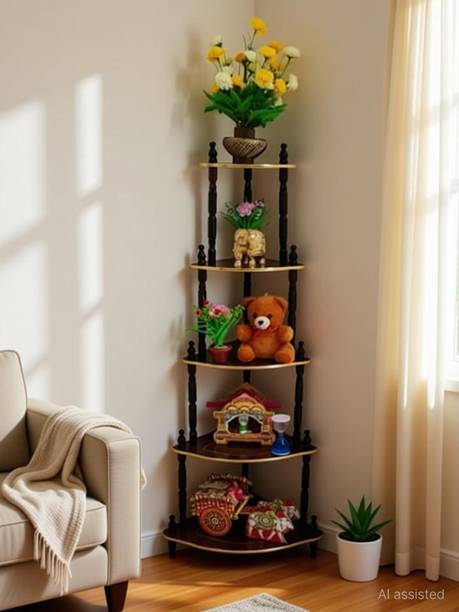 DPH 5 Shelf Wooden Corner, Floor Standing, Multipurpose Rack, Corner, Brown Finish Wooden Wall Shelf