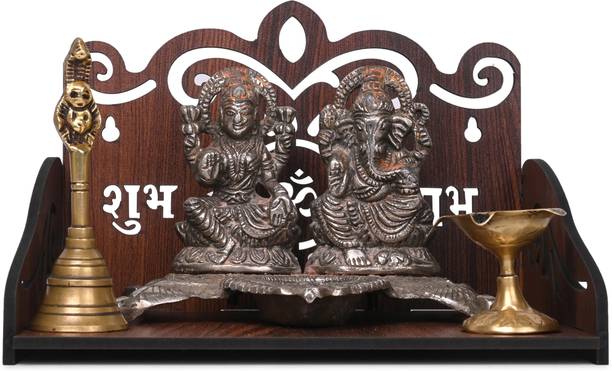 Gojeeva Premium Shubh Labh Carved Pattern Devghar Set Top Box Stand Wooden Mandir Temple Wooden Wall Shelf
