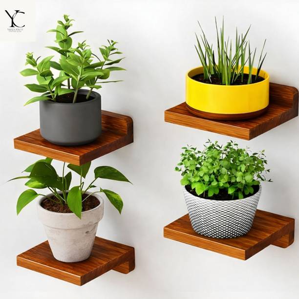 YashCrafts Natural Brown Glossy Floating Wall Shelf Set of 4 | Wooden Corner Shelf Wooden Wall Shelf