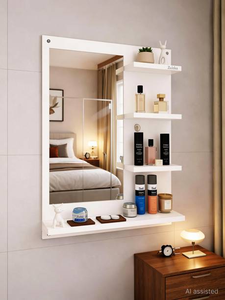 Zuicka Wall Mounted Mirror with Display Shelves Wooden, Glass Wall Shelf