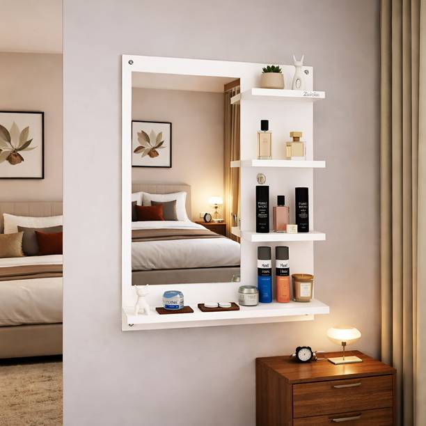Zuicka Wall Mounted Mirror with Display Shelves Wooden, Glass Wall Shelf