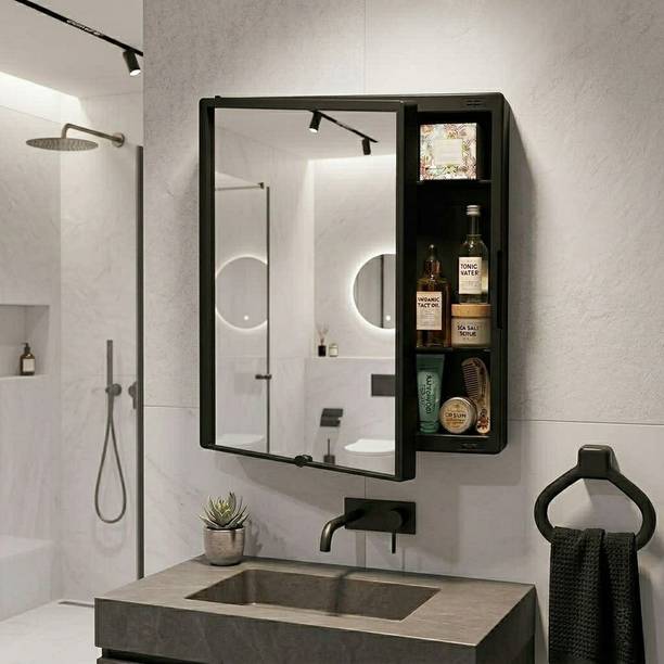 CIPLA PLAST New Rich Look Bathroom mirror Cabinet | 4 Shelves Storage | With Towel Ring | Polypropylene Wall Shelf