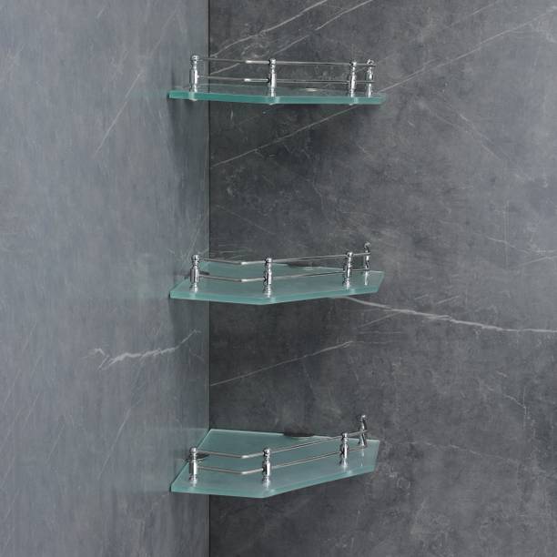 FORTUNE Frosted Glass Corner Shelf/Kitchen Shelves (Diamond) (9 x 9 Inch) (Pack of 3) Glass, Stainless Steel Wall Shelf