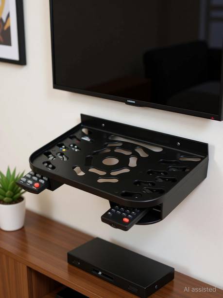 SEE INSIDE Premium TV Setup Box Stand Holder with Double Remote Holder Wall Shelf Plastic Wall Shelf