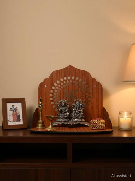 Gojeeva Premium Swastik Carved Pattern Devghar, Set-Top Box Stand Wooden Mandir Temple Wooden Wall Shelf