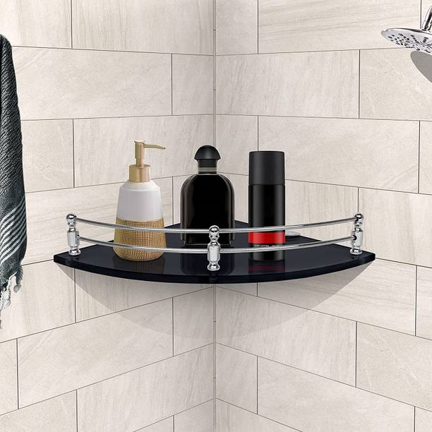 MOTIQO Black Glass Corner Shelf for Bathroom & Kitchen,9X9 INCH (Set-1) Glass Wall Shelf