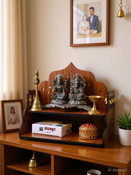 Gojeeva Premium Ganesh Ji Carved Pattern Devghar, Set-Top Box Stand Wooden Mandir Temple Wooden Wall Shelf