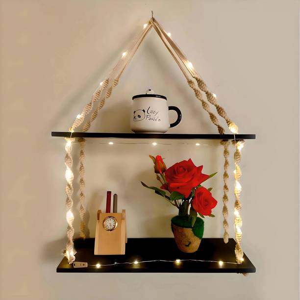 VAH Wood Macrema Knotting Rope 2 tier Wall hanging Wall shelf With LED light Wooden Wall Shelf