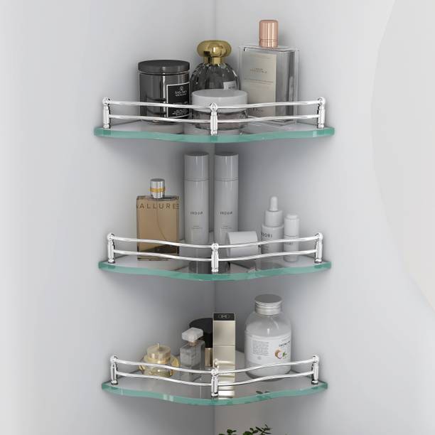 Plantex Premium Flower Transparent Glass Corner Shelf for Bathroom/Kitchen Shelf/Bathroom Accessories(9x9 Inches) Glass Wall Shelf