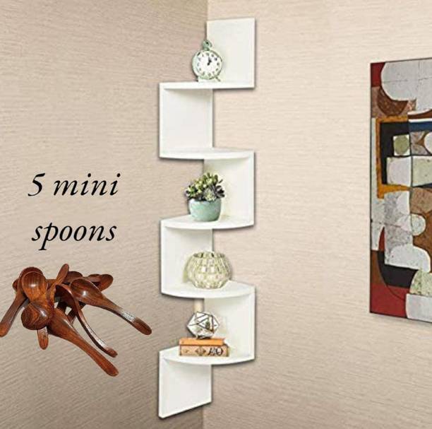 CraftOnline CraftOnline Wooden Wall Mounted Wall Zigzag Corner 5 Shelves With 5 Mini spoons Wooden, MDF (Medium Density Fiber) Wall Shelf