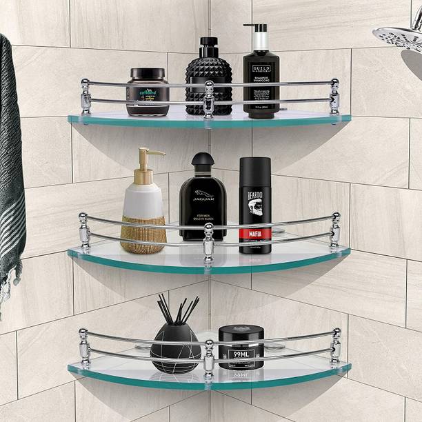RGFASHION Glass Corner/Bathroom/Kitchen Shelf -9 X 9 Inches -Glossy -Wall Mount Glass Wall Shelf